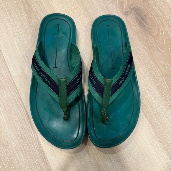 Louis Vuitton Mens 12 Kelly Green Rubber Leather Canvas Flip Flop Thong Sandals - Picture 7 of 7